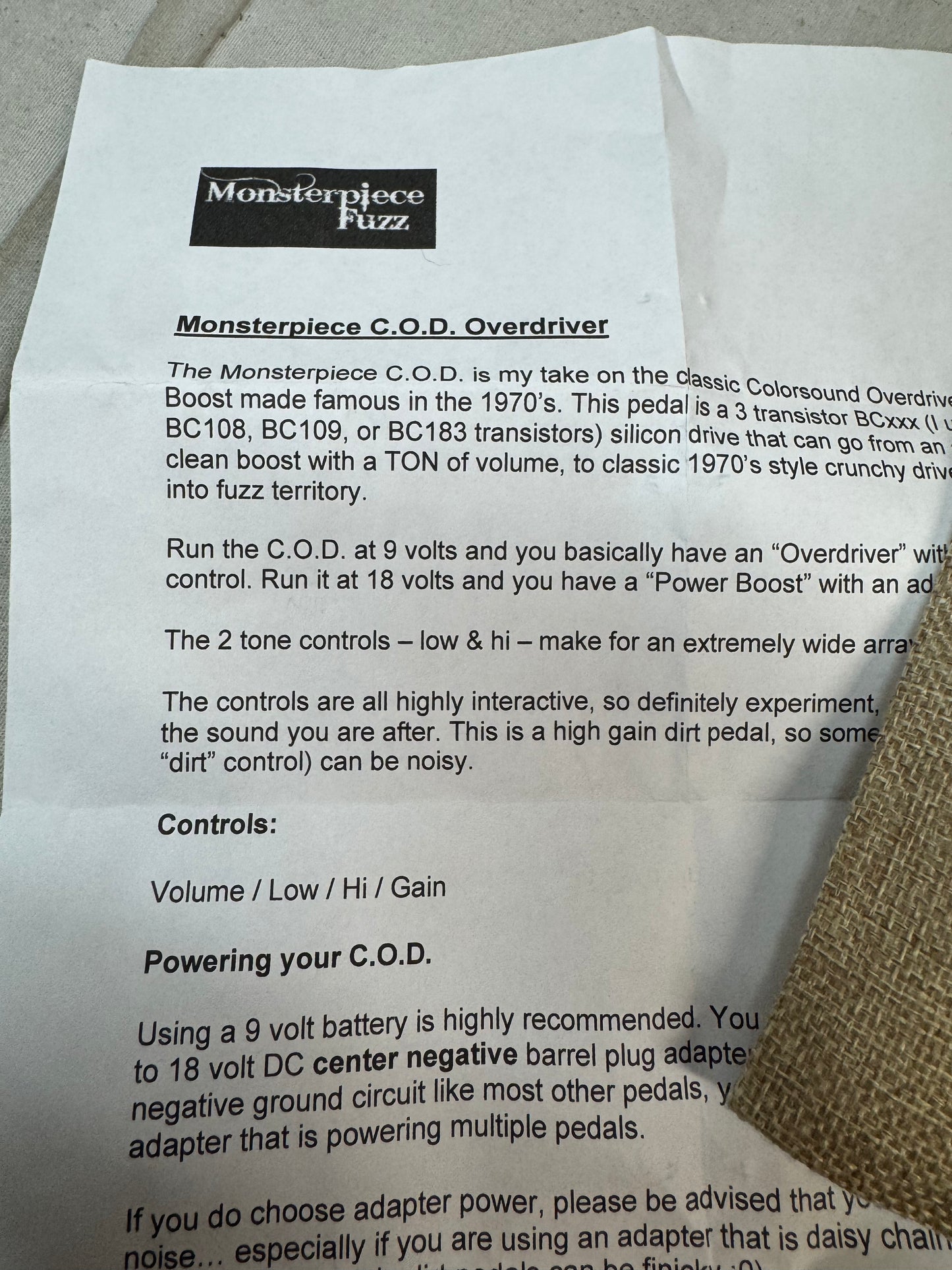 Monsterpiece C.O.D. Overdriver Overdrive Boost Pedal with Sheath