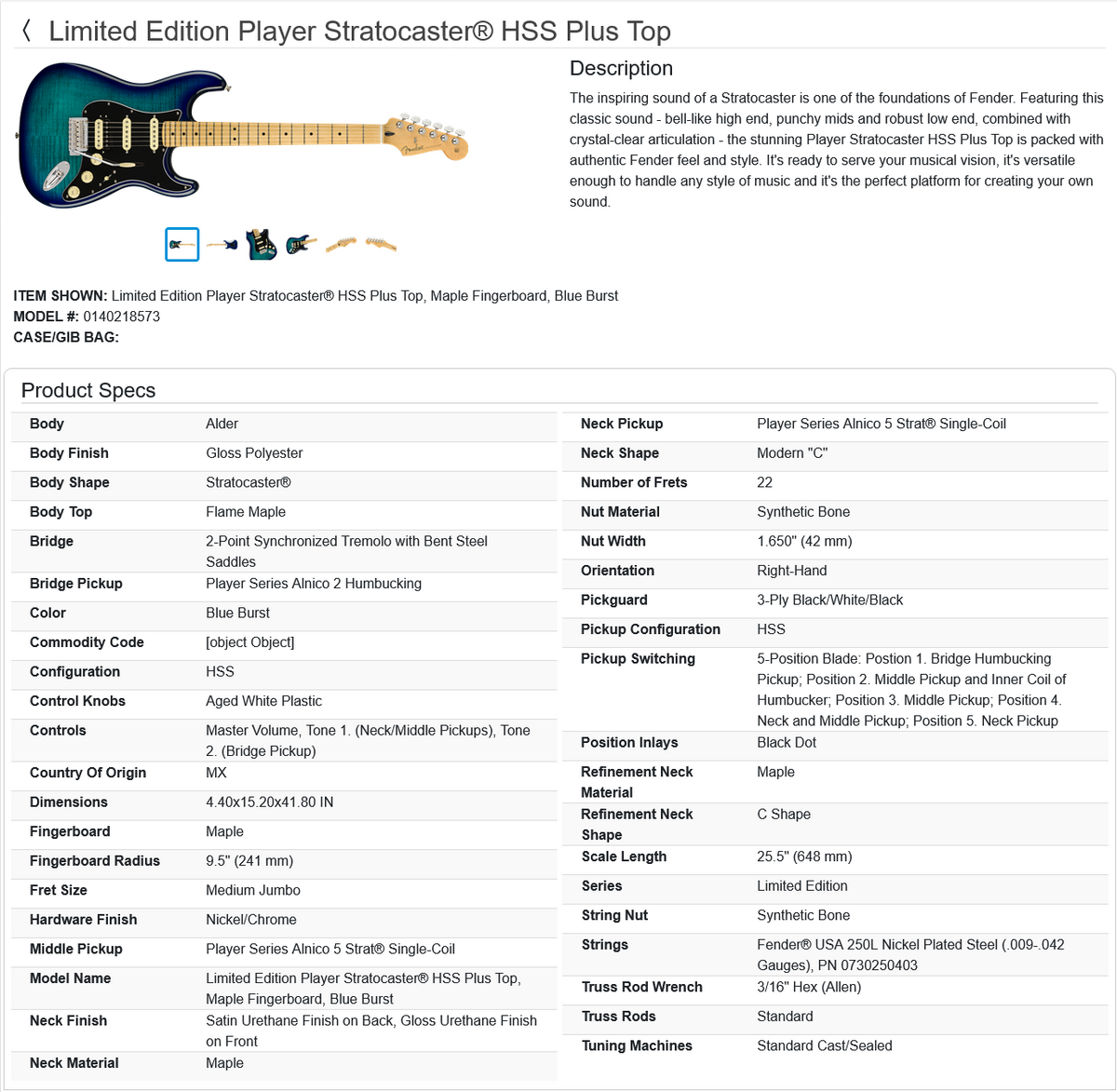 Fender Limited Edition Player Stratocaster HSS Plus Top Guitar 2021 - Blue Burst / Maple neck