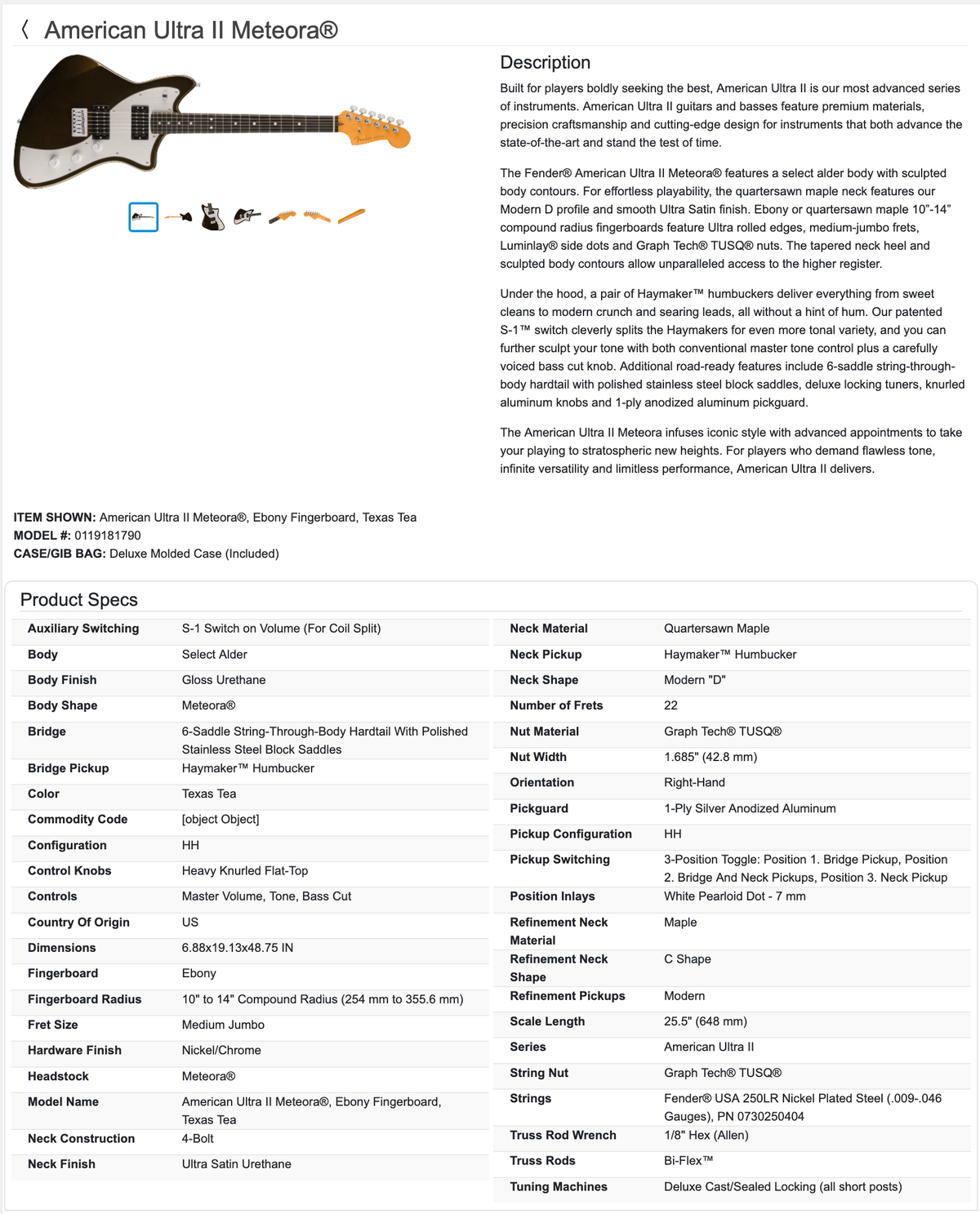 Fender American Ultra II 2 Meteora Guitar with COA + Case 2025 - Texas Tea / Ebony fingerboard