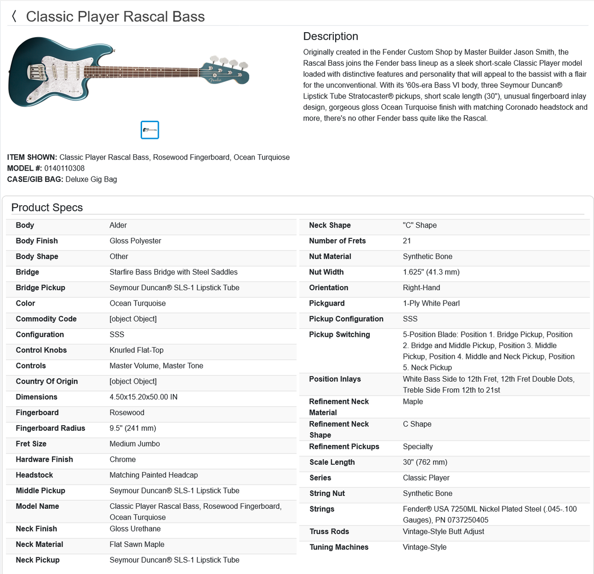 Fender Classic Player Rascal 4-string Bass 2014 - Ocean Turquoise / Rosewood fingerboard