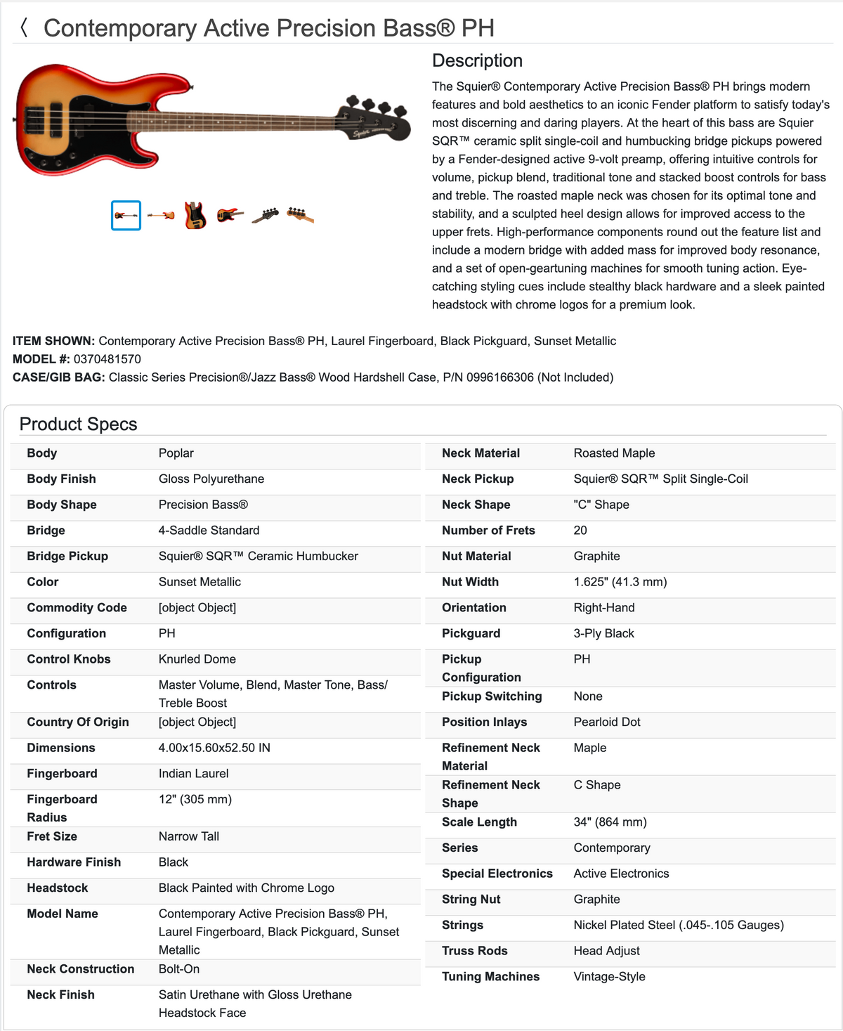 Squier Contemporary Active Precision Bass PH 4-string P-Bass 2022 - Sunset Metallic