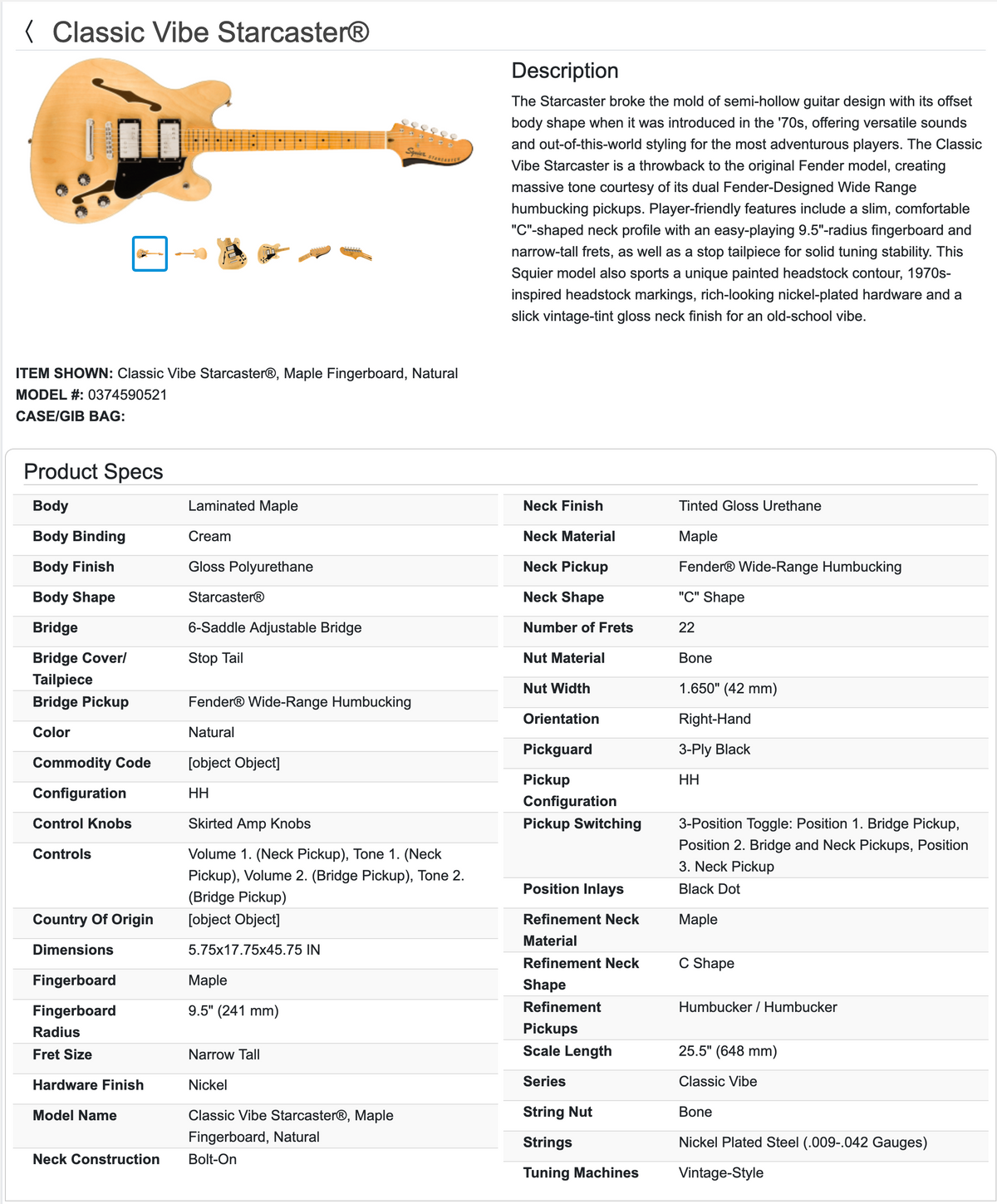 Squier Classic Vibe Starcaster Semi-Hollowbody Guitar 2024 - Natural