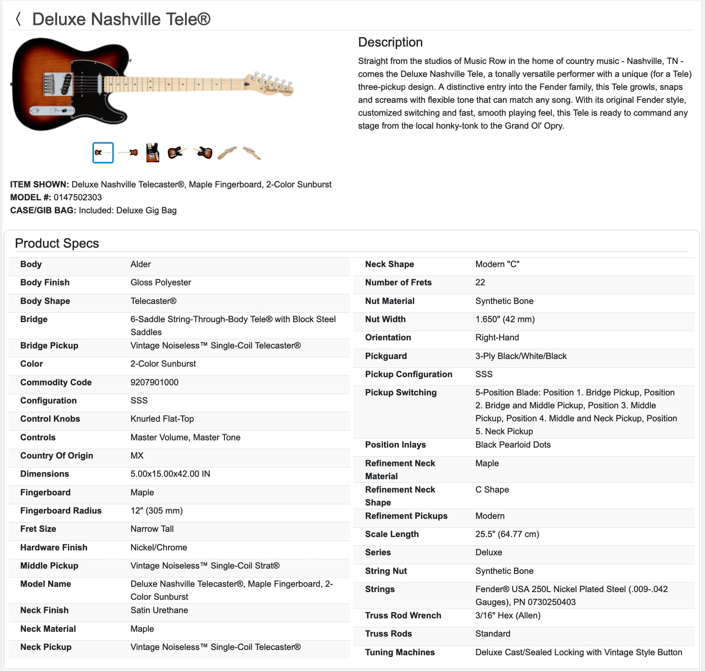 Fender Deluxe Nashville Telecaster Guitar 2020 - 2-Color Sunburst / Maple neck