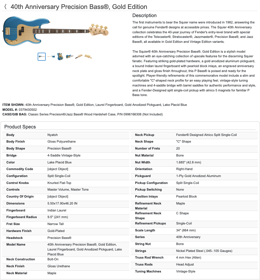 Squier 40th Anniversary 4-String Electric Precision Bass Gold Edition - Lake Placid Blue