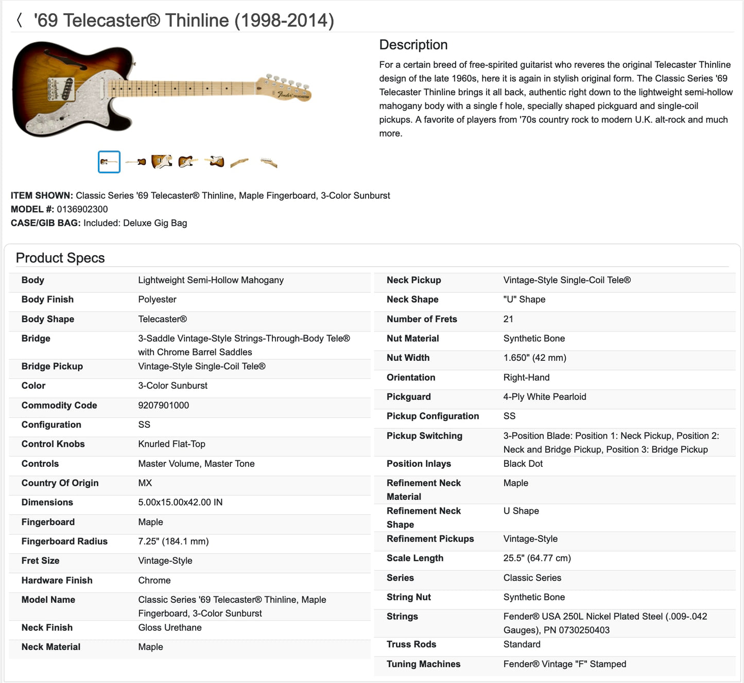 Fender Classic Series '69 Telecaster Thinline Guitar with Case 2009 - 3-Color Sunburst / Maple neck