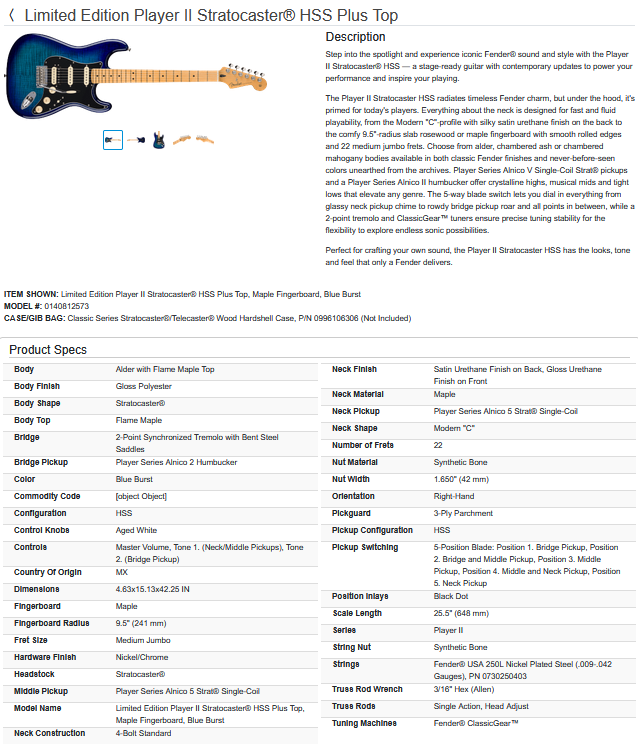 Fender Limited Edition Player II Stratocaster Strat MIM - Made in Mexico