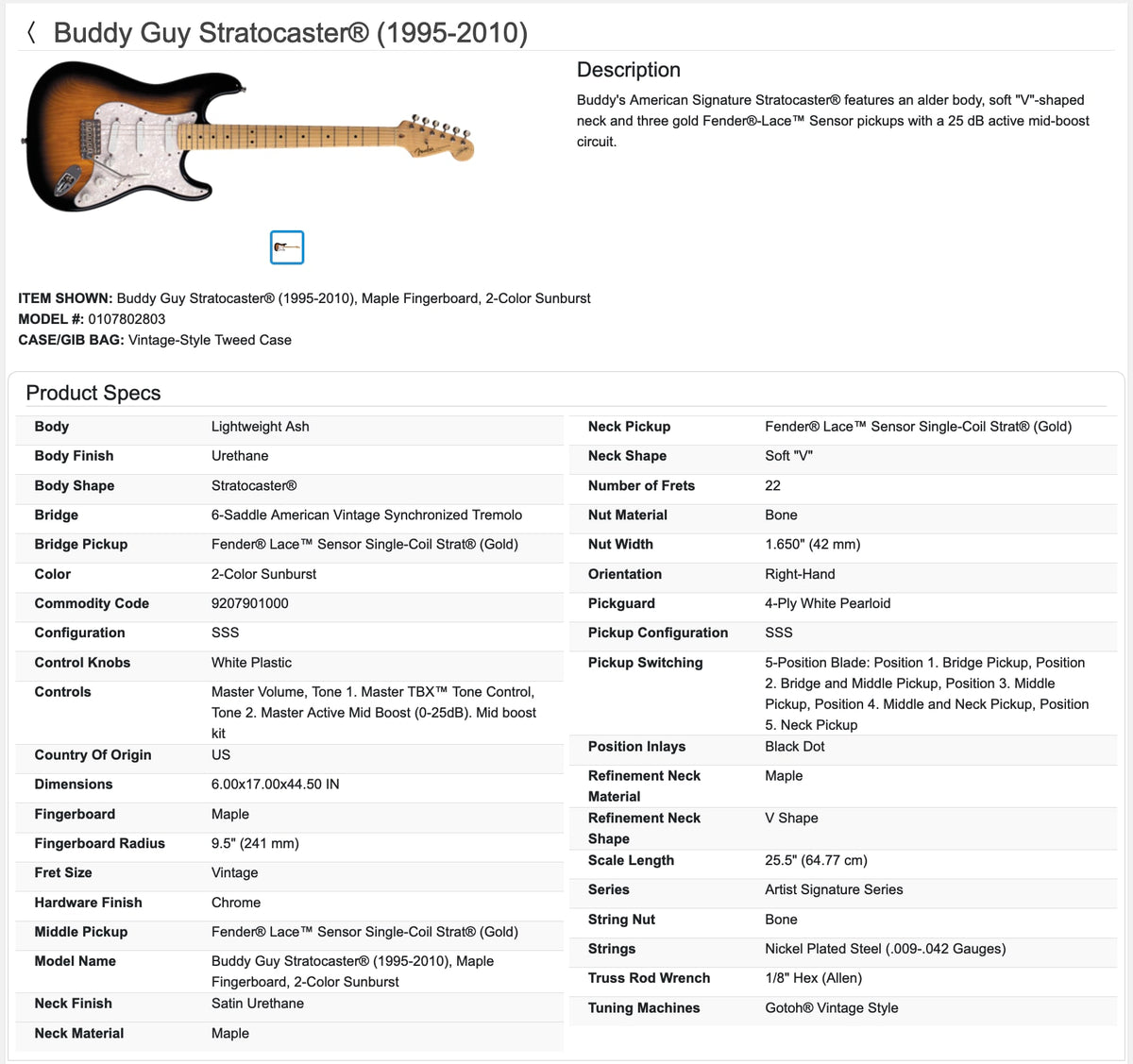 Fender Buddy Guy Stratocaster Guitar with Case 1999 - 2-Color Sunburst / Maple fingerboard