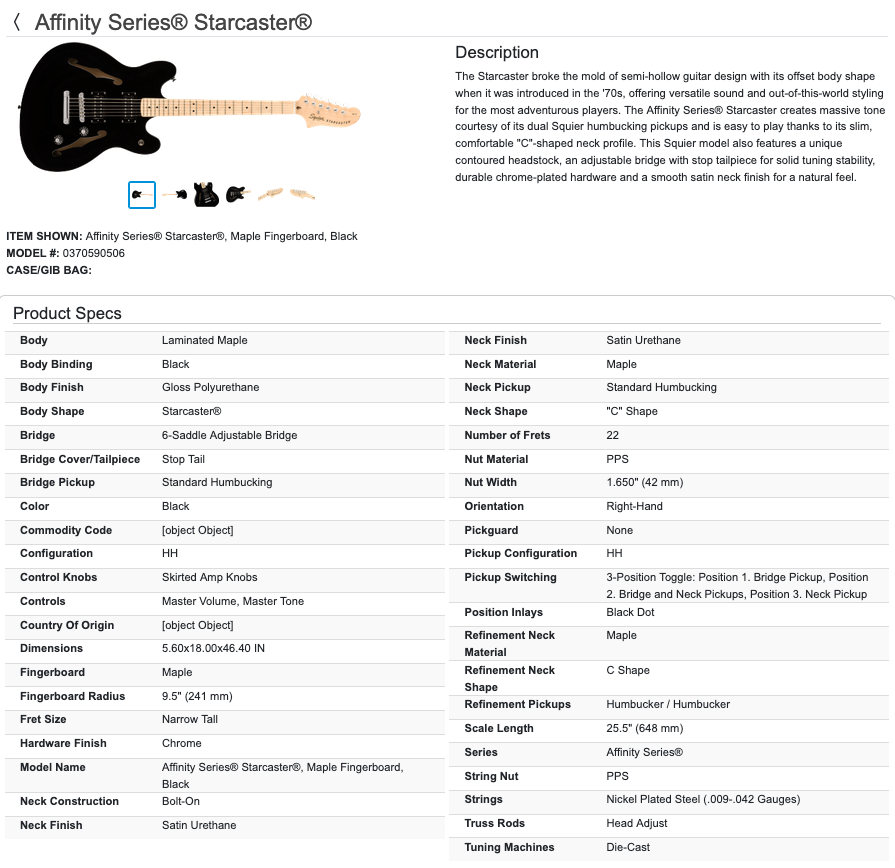 Squier Affinity Series Starcaster Semi-Hollow Body Electric Guitar - Black