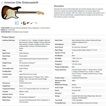 Fender American Elite Stratocaster Strat Electric Guitar - 3-Color Sunburst