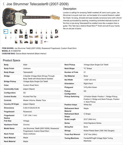 Fender Joe Strummer Signature Telecaster Guitar 2008 - Custom Road Worn