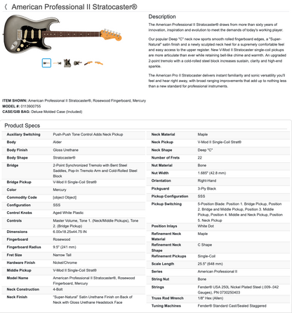 Fender American Professional II Stratocaster Strat Electric Guitar - Mercury