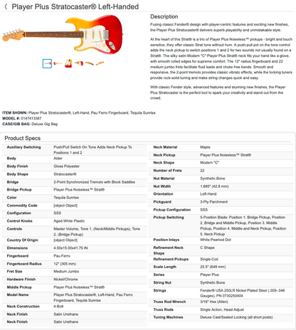 Fender Player Plus Stratocaster Strat Left-Handed Lefty Electric Guitar MIM - Made in Mexico - Tequila Sunrise