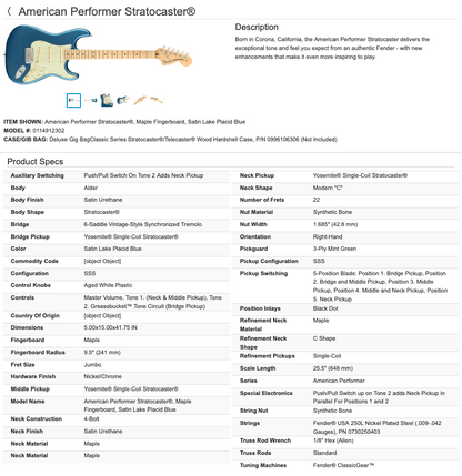 Fender American Performer Stratocaster Strat Electric Guitar 2021 - Satin Lake Placid Blue