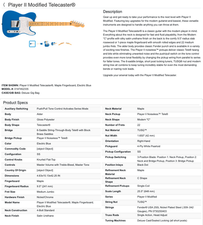 Fender Player II Modified Telecaster Tele Electric Guitar MIM - Made in Mexico - Electric Blue