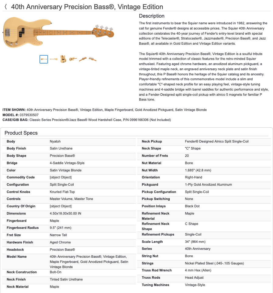 Squier 40th Anniversary Precision Bass Vintage Edition 4-String Electric Bass with Gig Bag - Satin Vintage Blonde