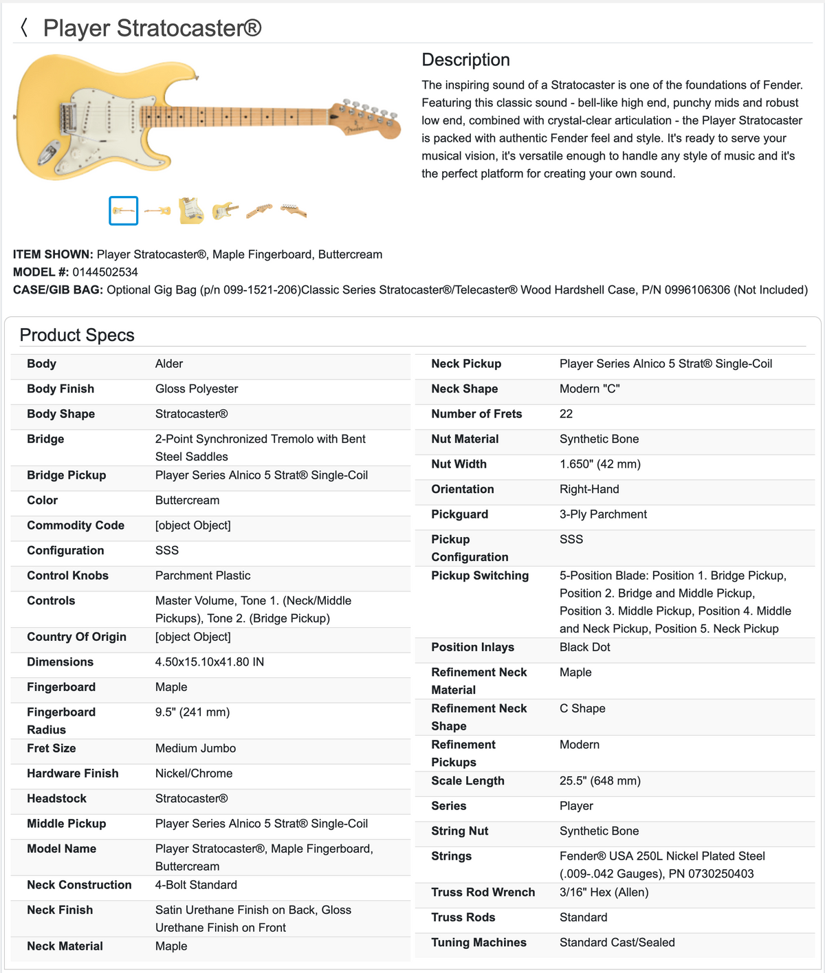 Fender Player Stratocaster Guitar 2019 - Buttercream / Maple neck