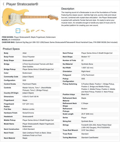 Fender Player Stratocaster Guitar 2019 - Buttercream / Maple neck