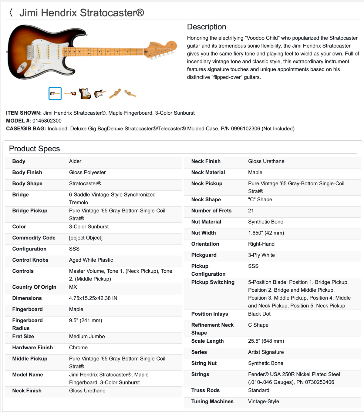 Fender Jimi Hendrix Stratocaster Guitar 2022 - 3-Color Sunburst / Maple neck