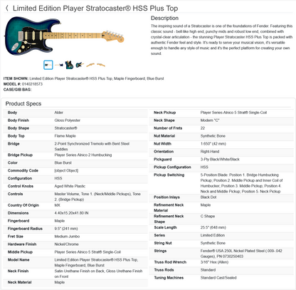 Fender Limited Edition Player Stratocaster HSS Plus Top Guitar 2021 - Blue Burst / Maple neck