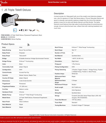 Fender John 5 Artist Series Signature Triple Tele Deluxe Guitar 1997 - Black