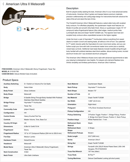 Fender American Ultra II 2 Meteora Guitar with COA + Case 2025 - Texas Tea / Ebony fingerboard