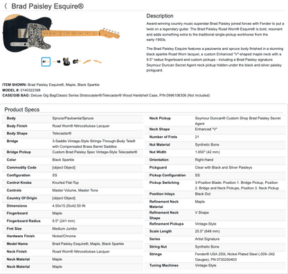 Fender Brad Paisley Esquire Signature Telecaster tele Electric Guitar MIM - Made in Mexico - Black Sparkle