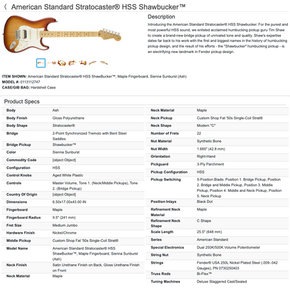 Fender American Standard Stratocaster Strat HSS Shawbucker Electric Guitar with Case - Sienna Sunburst