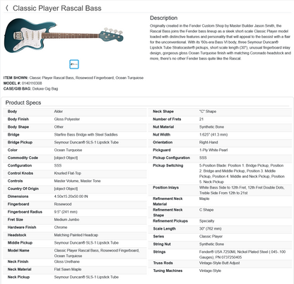 Fender Classic Player Rascal 4-string Bass 2014 - Ocean Turquoise / Rosewood fingerboard