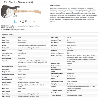 Fender Eric Clapton Signature Stratocaster Strat with Case - Pewter