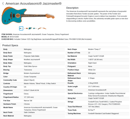 Fender American Acoustasonic Jazzmaster Guitar with Gig Bag 2021 - Ocean Turquoise / Ebony fingerboard