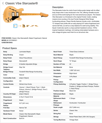 Squier Classic Vibe Starcaster Semi-Hollowbody Guitar 2024 - Natural