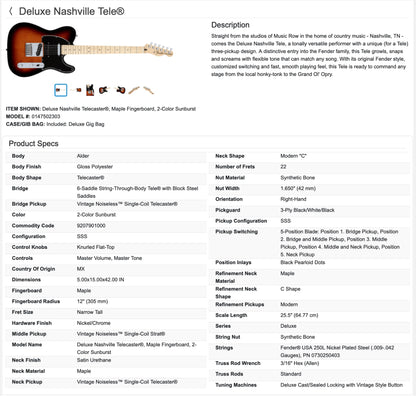 Fender Deluxe Nashville Telecaster Guitar 2020 - 2-Color Sunburst / Maple neck