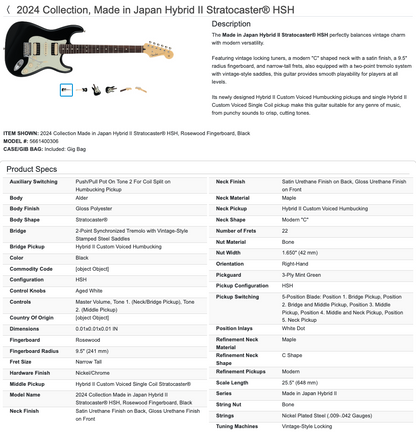 Fender 2024 Collection, Made in Japan Hybrid II Stratocaster Strat HSH - Black