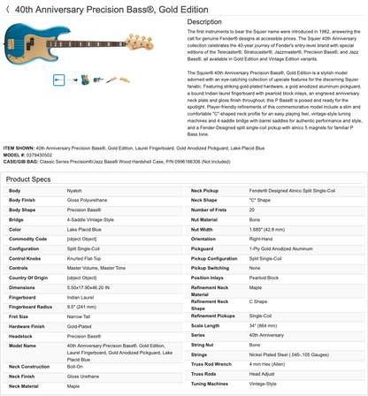 Squier 40th Anniversary 4-String Electric Precision Bass Gold Edition - Lake Placid Blue