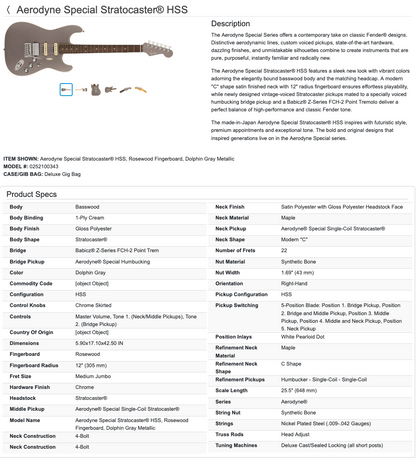 Fender Aerodyne Special Stratocaster Strat Electric Guitar MIJ - Made in Japan - Dolphin Gray