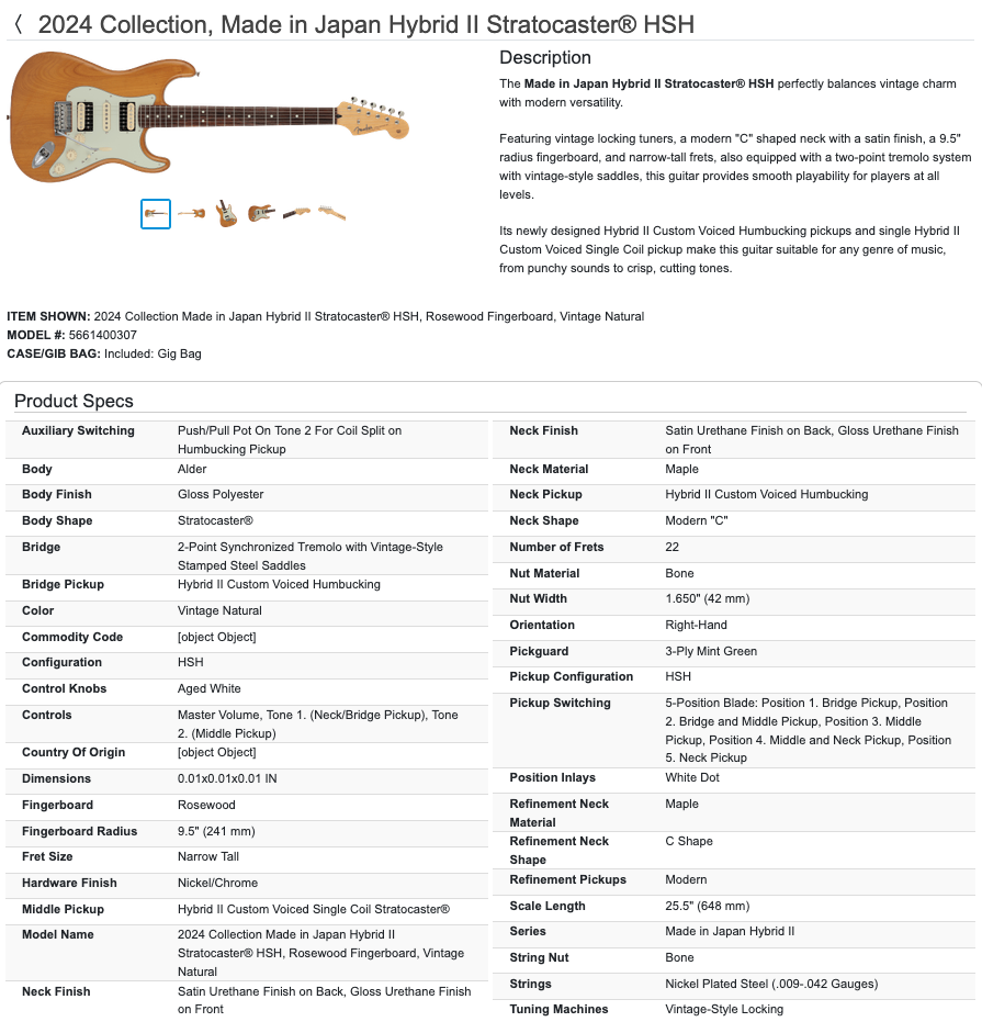 Fender 2024 Collection, Made in Japan Hybrid II Stratocaster Strat HSH with Gig Bag - Vintage Natural