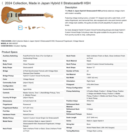 Fender 2024 Collection, Made in Japan Hybrid II Stratocaster Strat HSH with Gig Bag - Vintage Natural