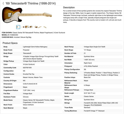 Fender Classic Series '69 Telecaster Thinline Guitar with Case - Image 24