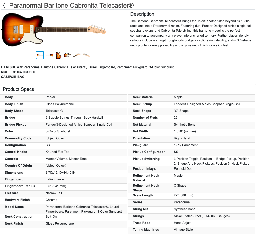 Squier Paranormal Baritone Cabronita Telecaster Tele Electric Guitar - 3-Color Sunburst