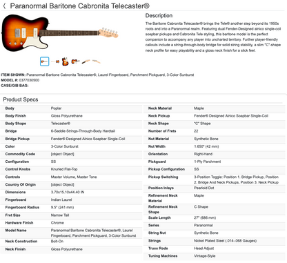 Squier Paranormal Baritone Cabronita Telecaster Tele Electric Guitar - 3-Color Sunburst