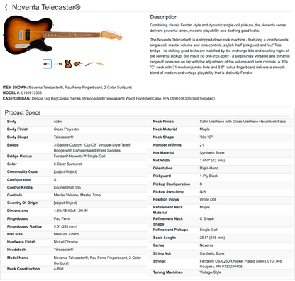Fender Noventa Telecaster Tele Electric Guitar MIM - Made in Mexico - 2-Color Sunburst