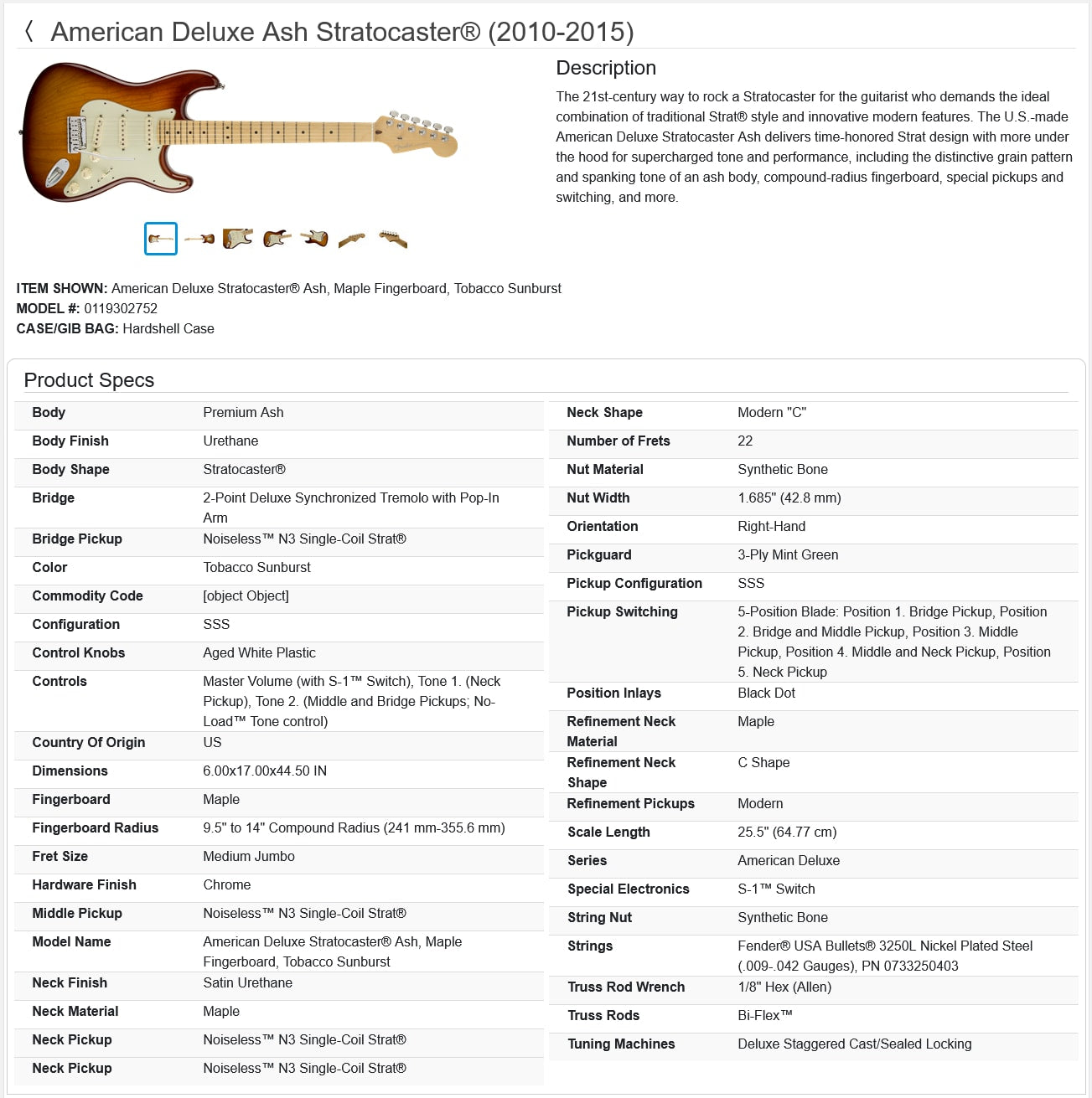 Fender American Deluxe Ash Stratocaster Guitar with Case 2010 - Tobacco Sunburst / Maple neck