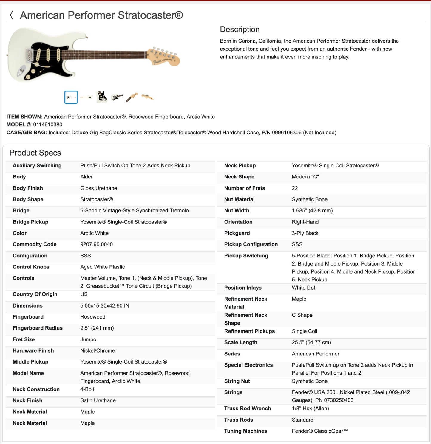 Fender American Performer Stratocaster Guitar with Rexylab Ultimate Strat upgrades/mods + Case 2023 - Arctic White / Rosewood fingerboard